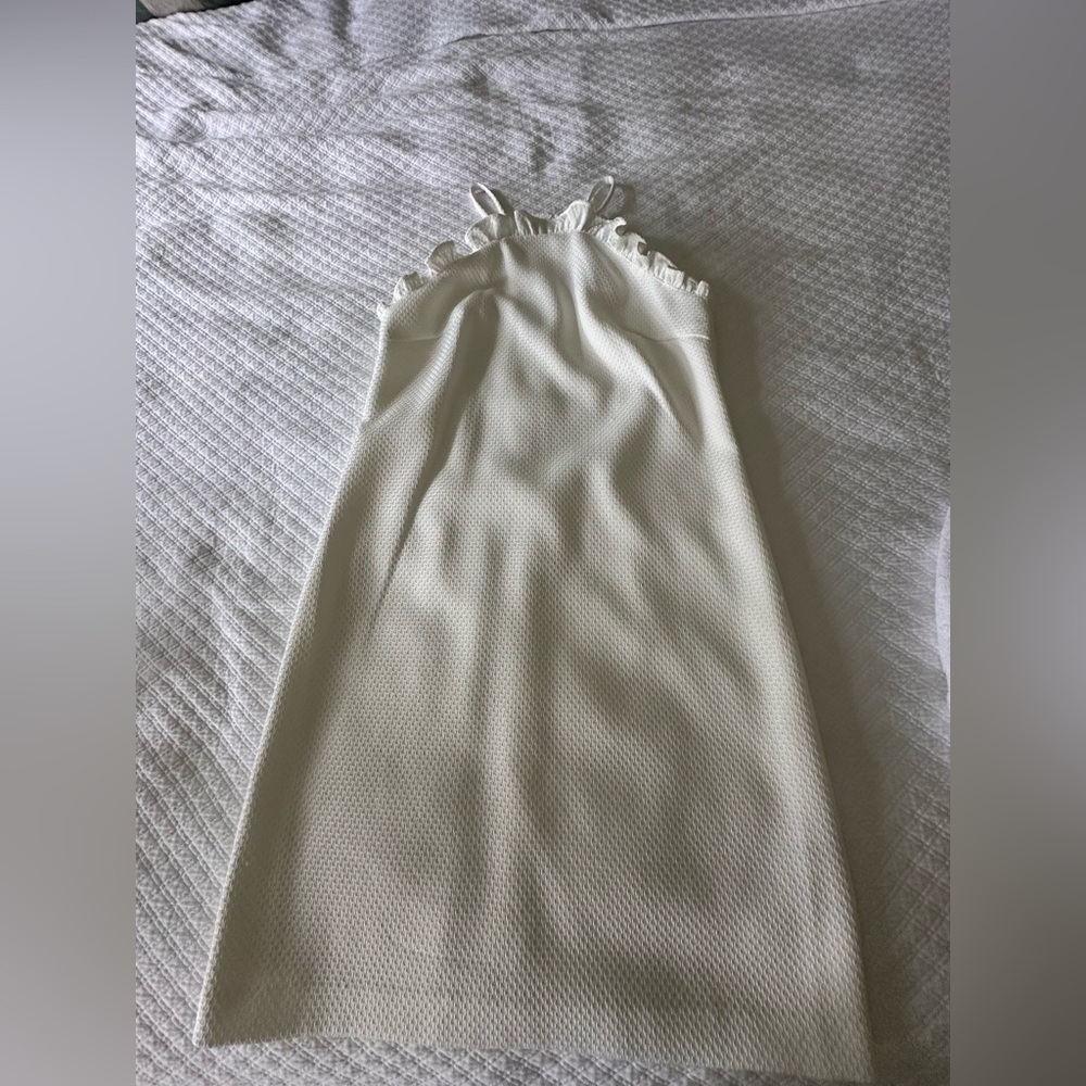 NWT Trina Turk White Ruffle Halter Dress, size 2, two small flaws shown